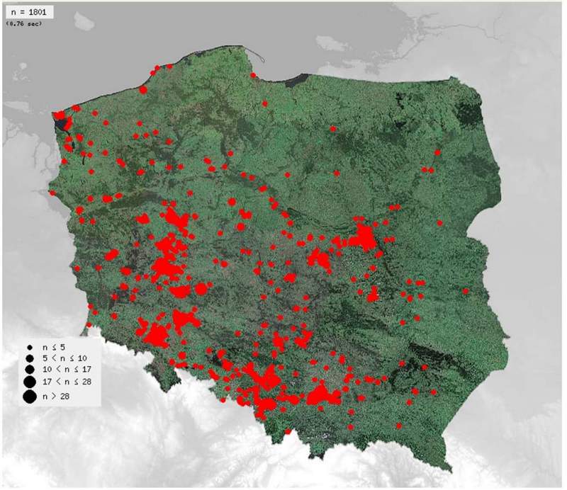 Сустрэчы заходняга салаўя ў Польшчы ў 2021 годзе. Крыніца: www.ornitho.pl